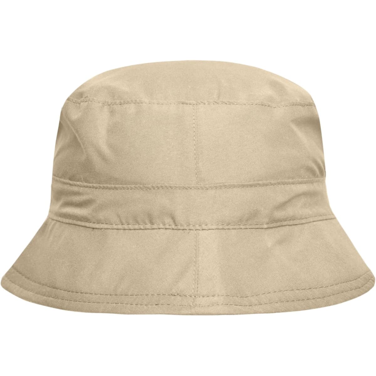 A bucket hat in a light beige colour with a simple design and a small logo.