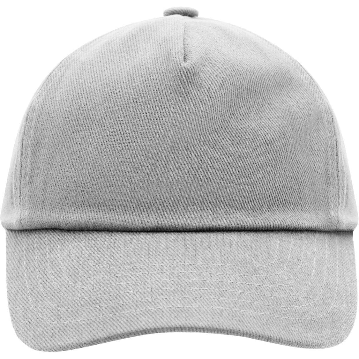 A grey kids' 5 panel cap featuring a structured design and a curved brim. It has a logo on the front.