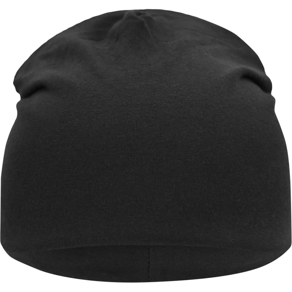 A black jersey beanie with a smooth, fitted design. It features a simple style and a plain surface.