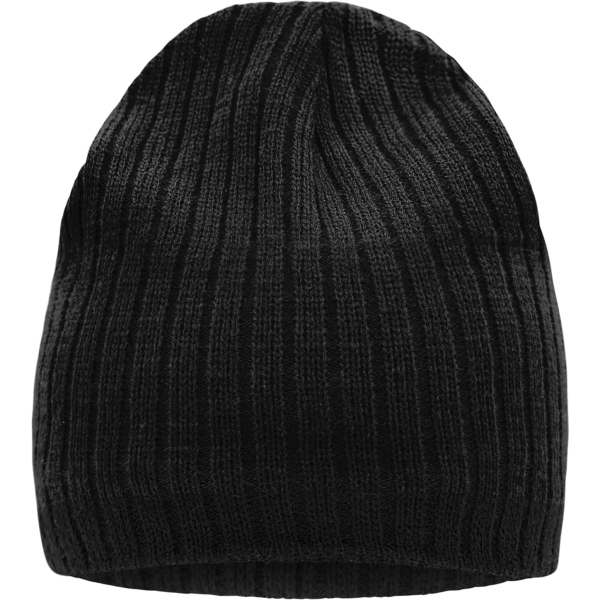A black knitted hat with a ribbed texture, featuring a logo on the side.