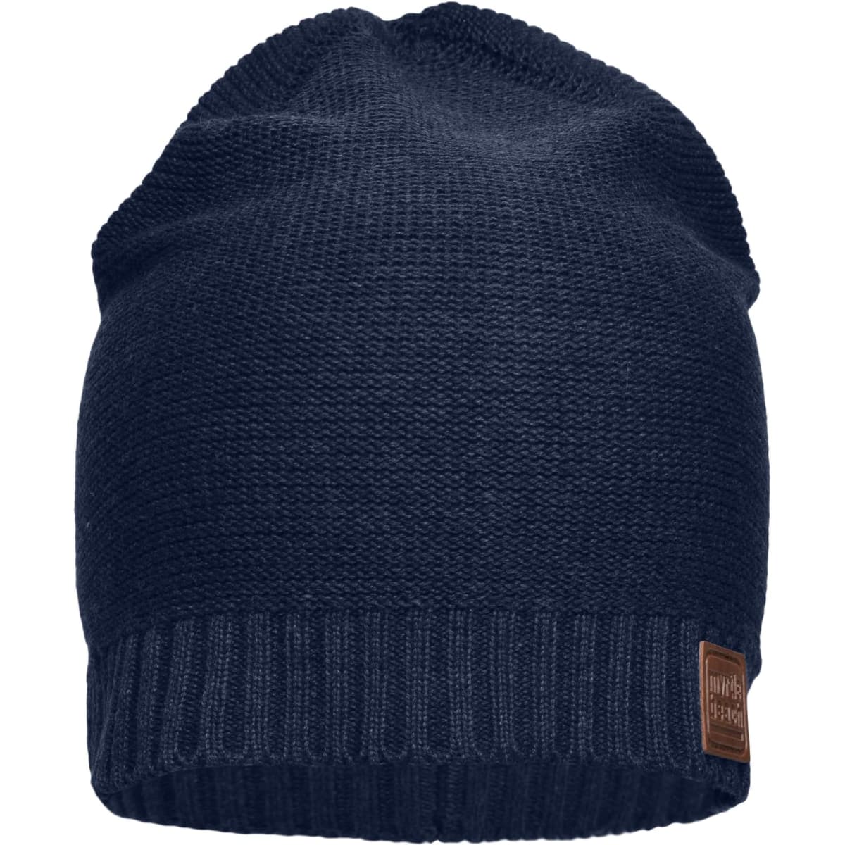 A navy cotton hat with a textured design and a ribbed band, featuring a small logo.