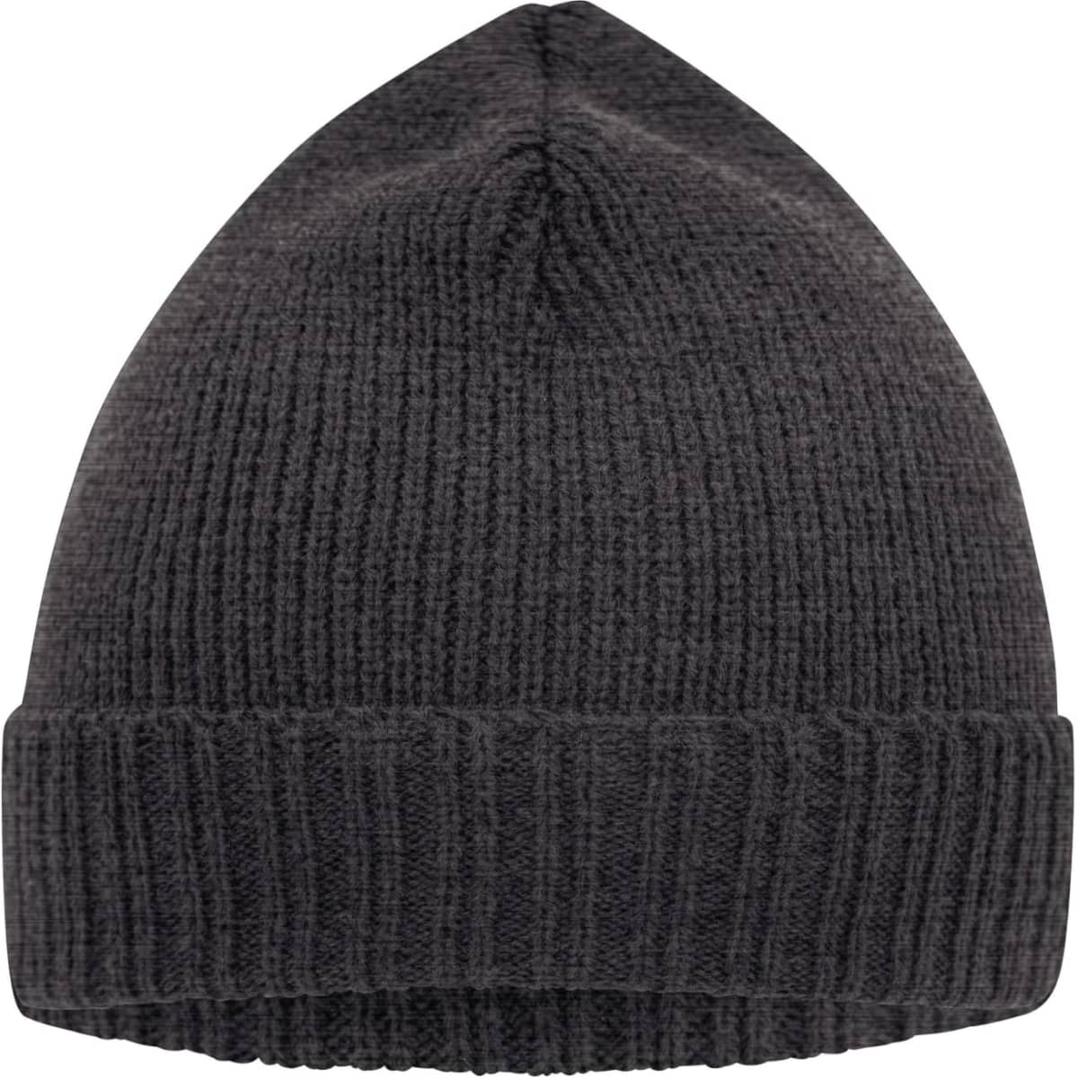 A basic knitted beanie in dark grey, featuring a rolled cuff and a textured pattern.