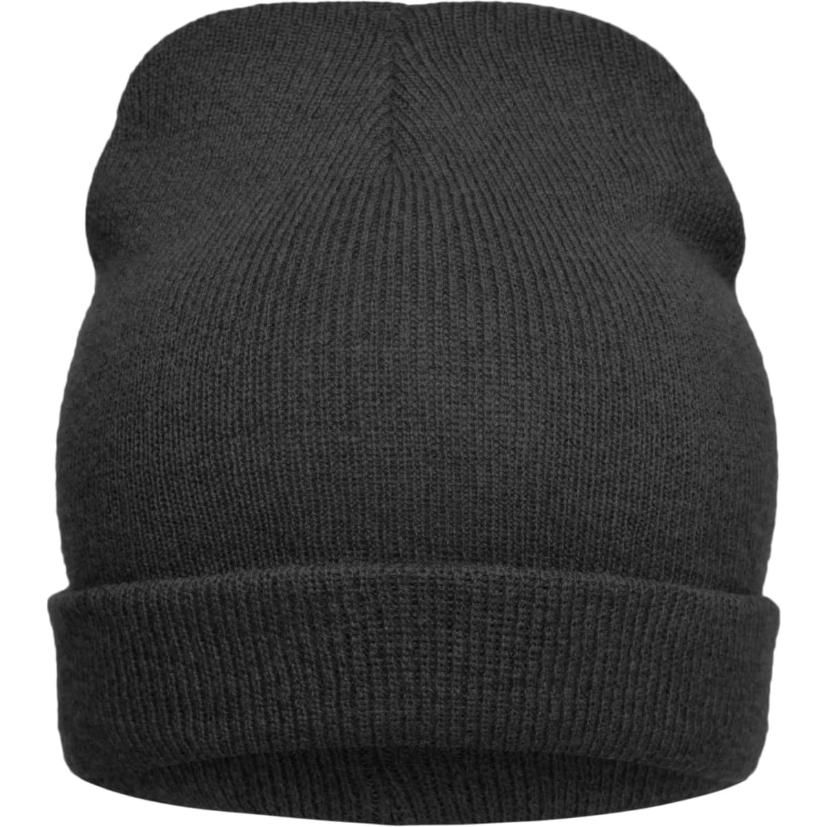 A black knitted beanie with a ribbed texture and a fold-up cuff. It features a logo on the side.
