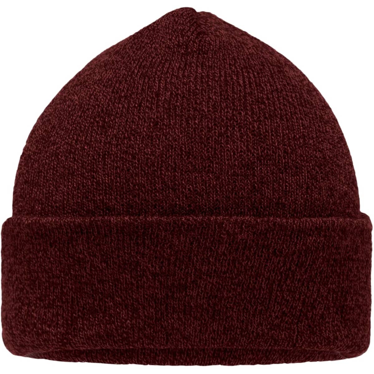A maroon beanie with a turned-up cuff and a soft knitted texture. It features a logo on the side.
