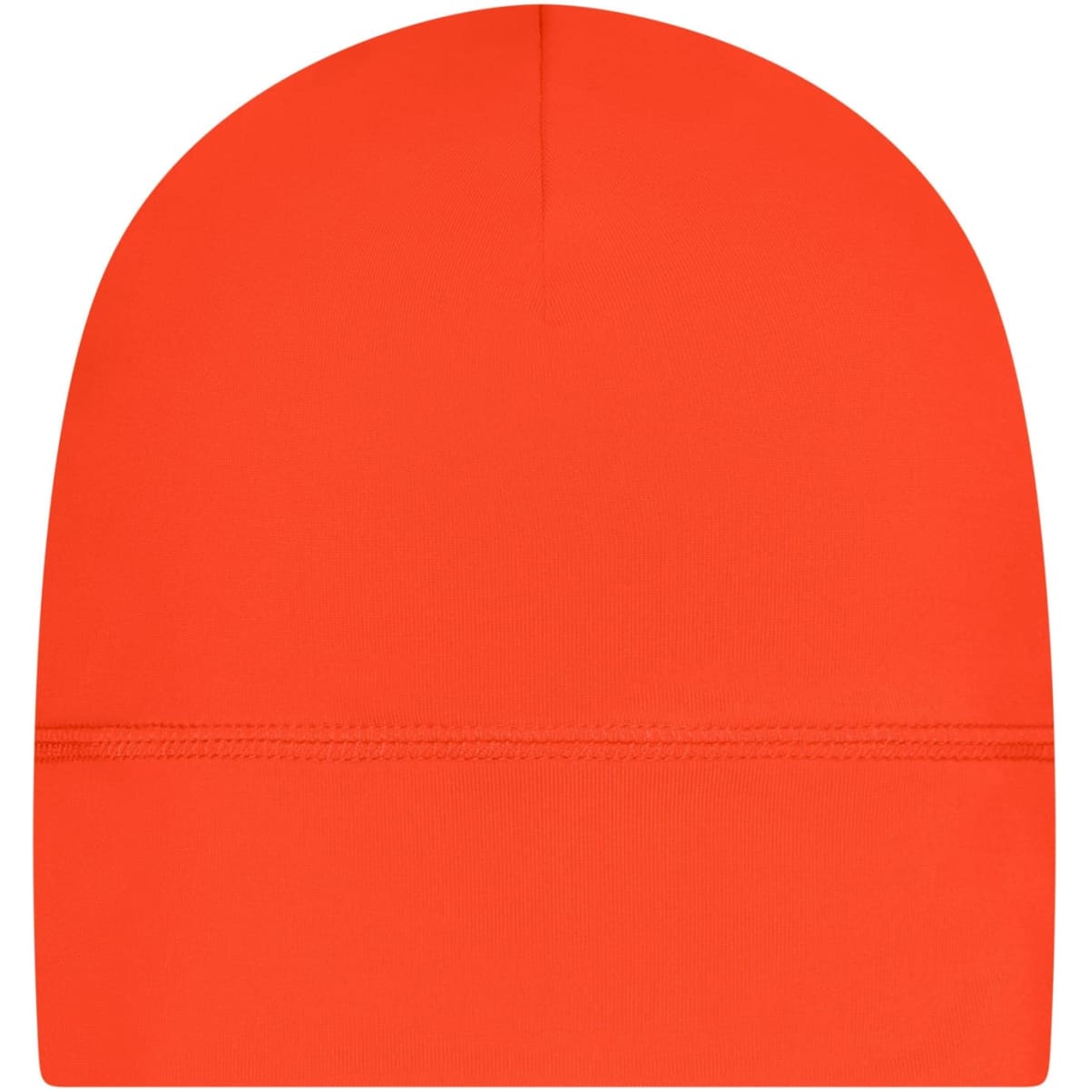 An orange running beanie with a seamless design and a branding logo at the rear.