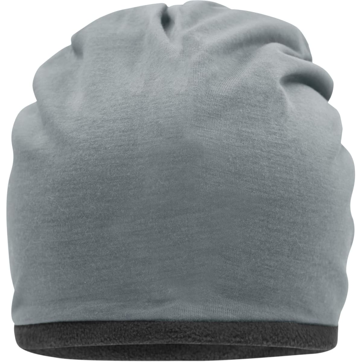 A grey fleece beanie with a soft, textured finish and a contrasting dark band at the bottom.
