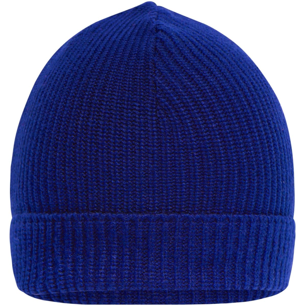 A blue knitted beanie with a ribbed cuff, featuring a logo on the side.