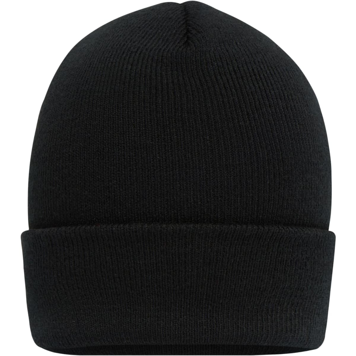 A high brim beanie in solid black, featuring a knitted texture and a folded cuff. Logo present.