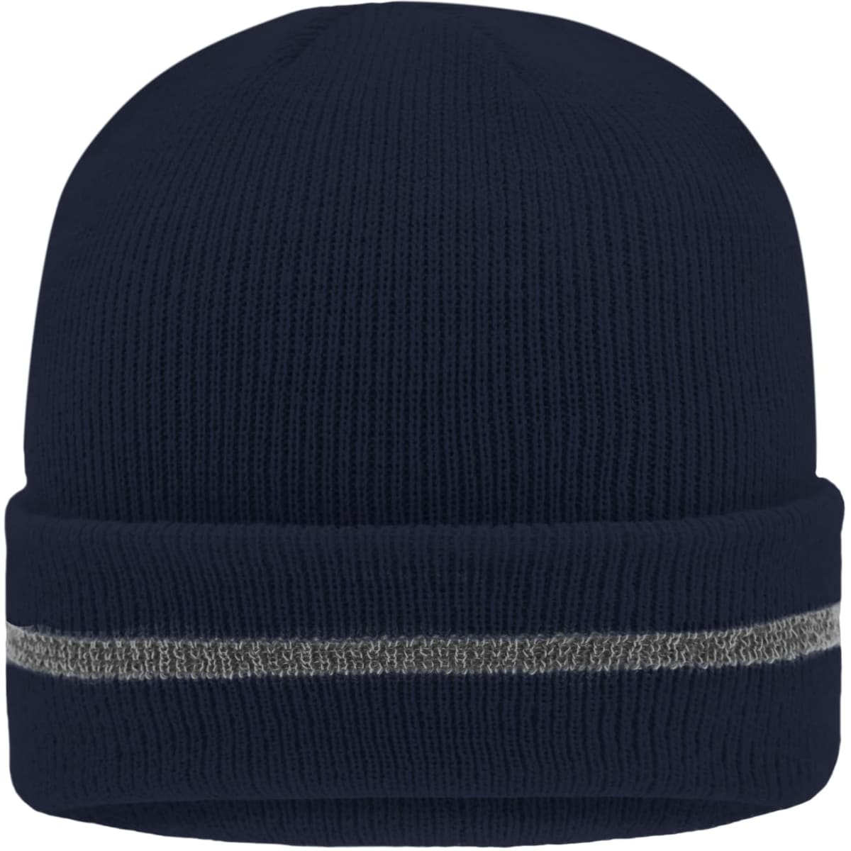 A navy reflective beanie with a silver stripe around the band. It features a ribbed texture and a logo.