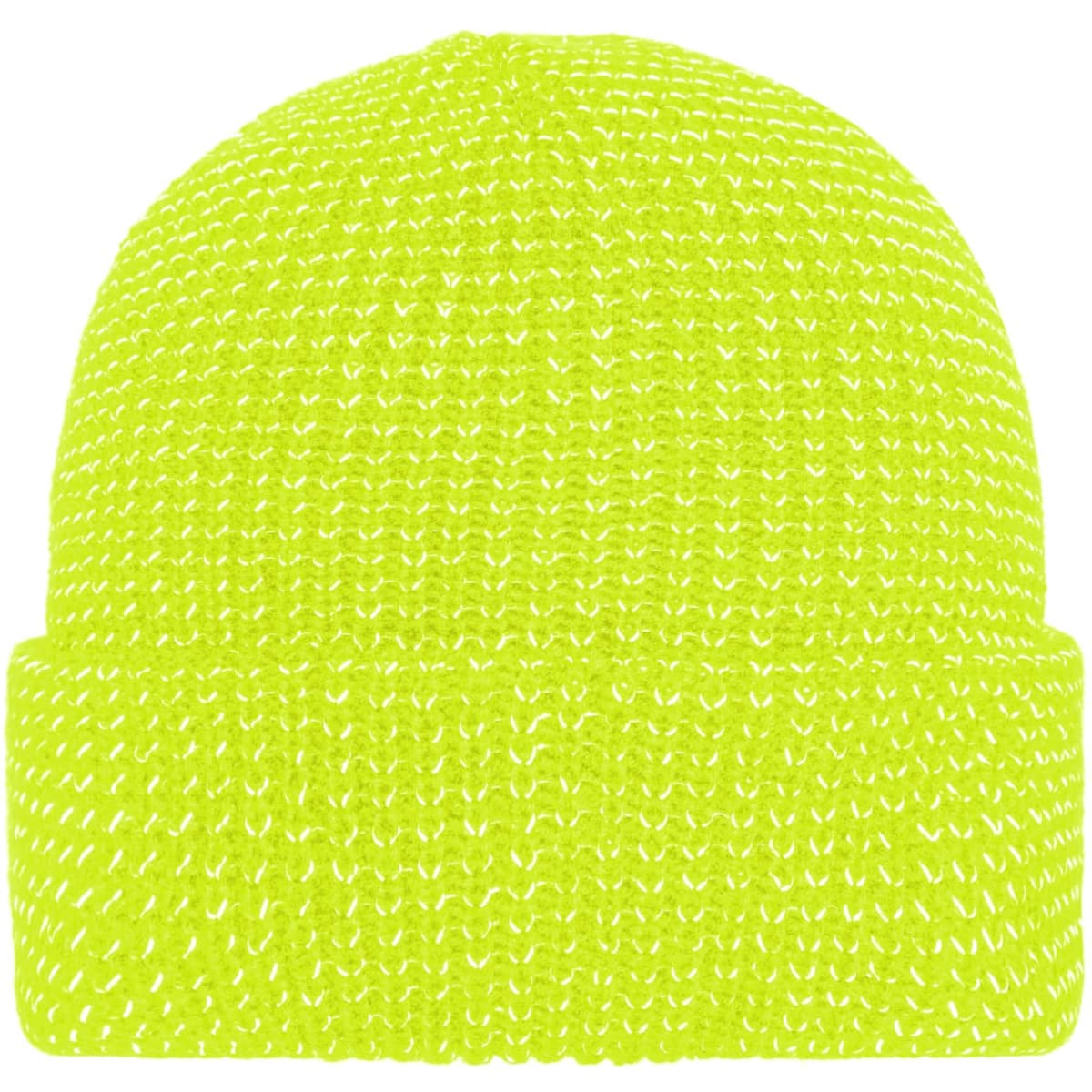 A reflective winter beanie in bright yellow with a snug, knitted design and a folded cuff.