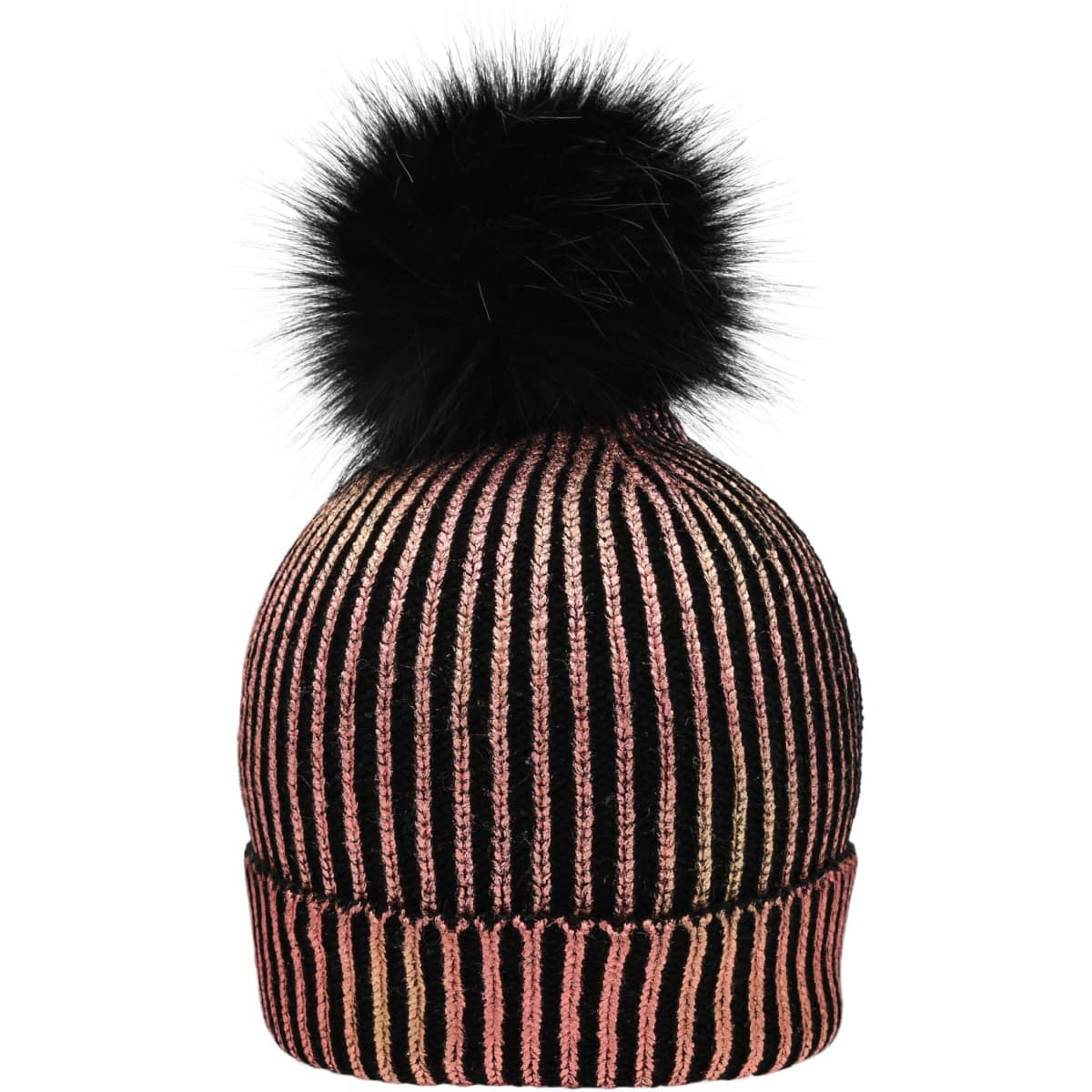 A ladies metallic beanie in pink and black stripes, featuring a black pom-pom on top and a small logo.