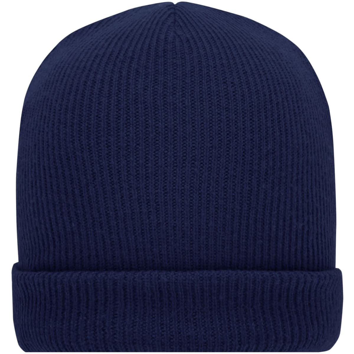 A soft knitted winter beanie in navy blue with a folded brim. Features a simple design and no visible logos.