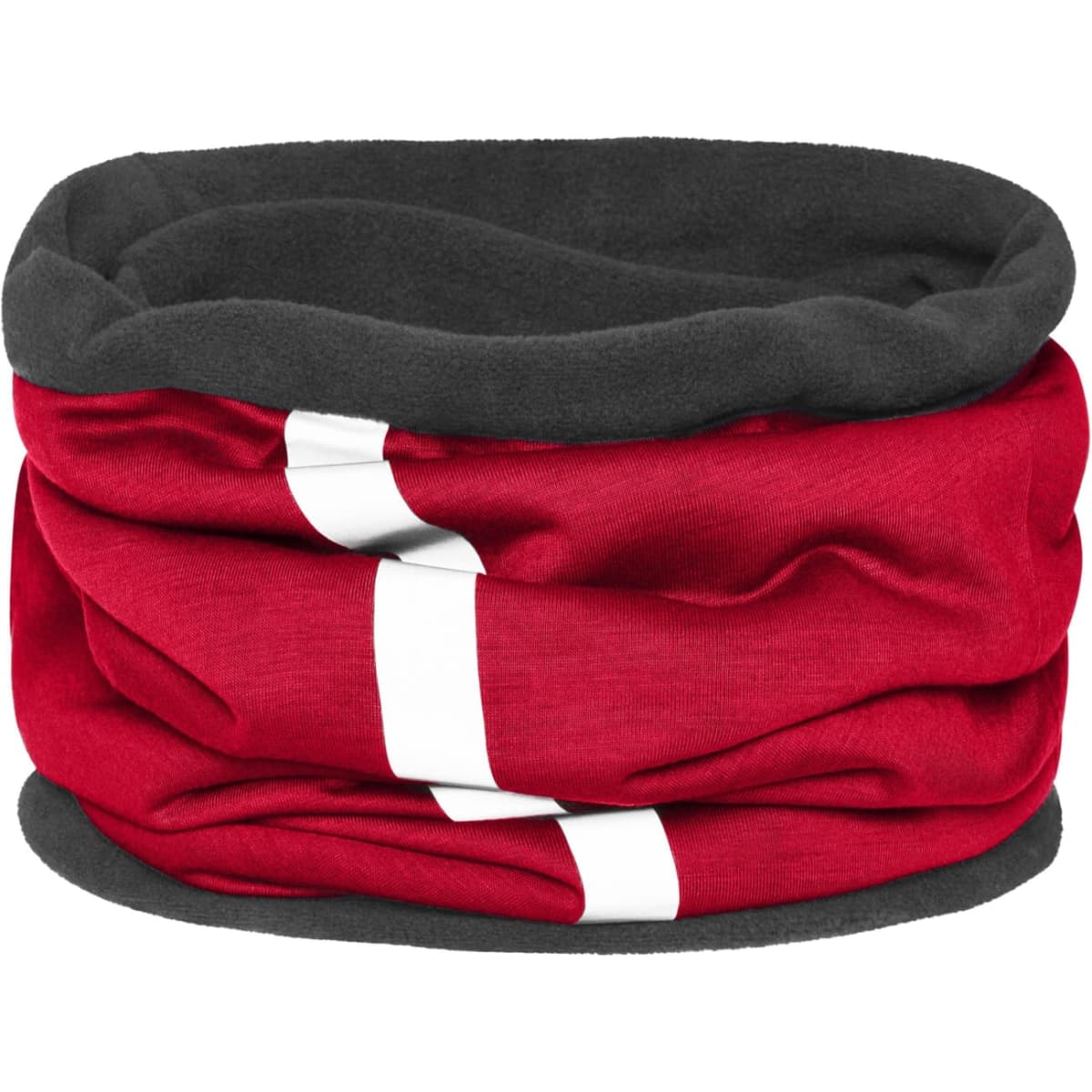 A red and grey Winter X-Tube scarf with a soft, multi-layered design and a logo.