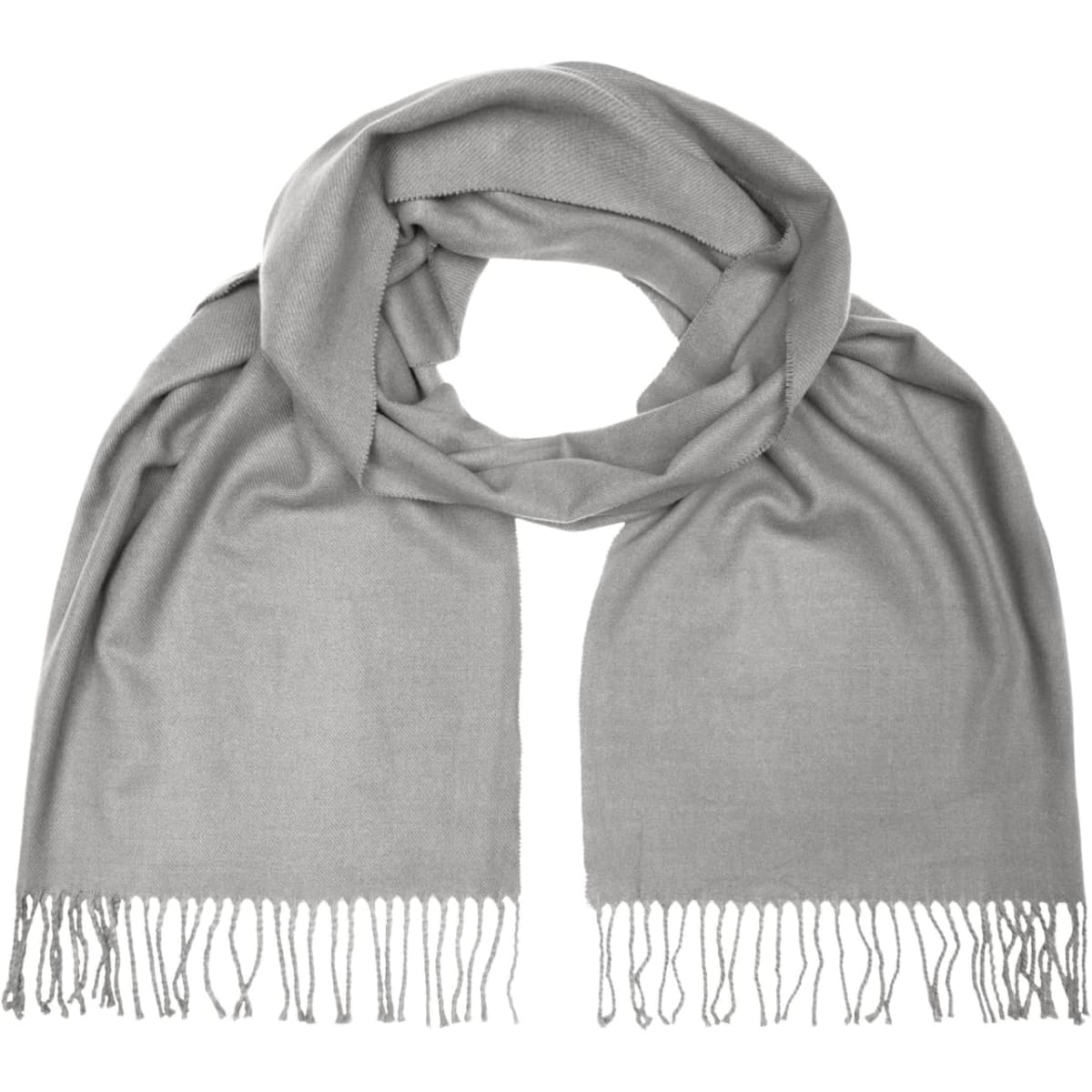 A light grey elegant scarf with fringed ends, styled draped elegantly. It features a simple, minimalist design.