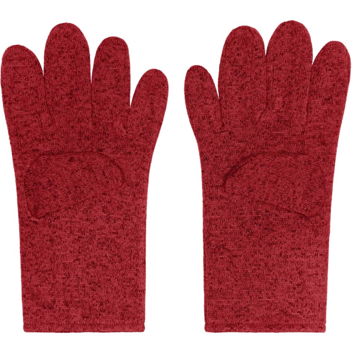 A pair of red fleece gloves with a textured appearance, featuring a standard finger design.