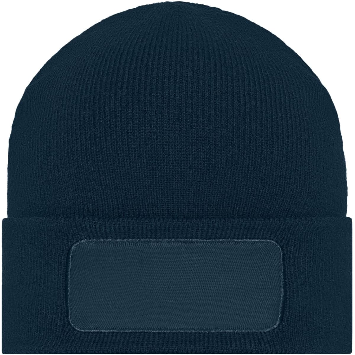 A navy knitted beanie featuring a blank patch for custom branding. The beanie has a ribbed texture.