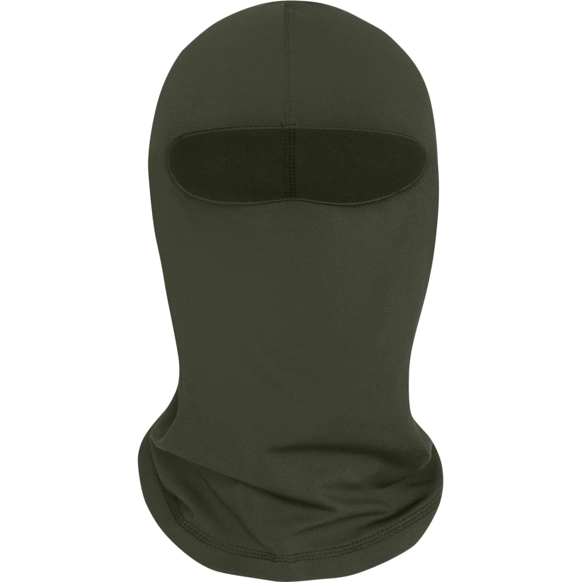 A green balaclava is displayed, featuring a contoured design with an opening for the eyes and mouth.
