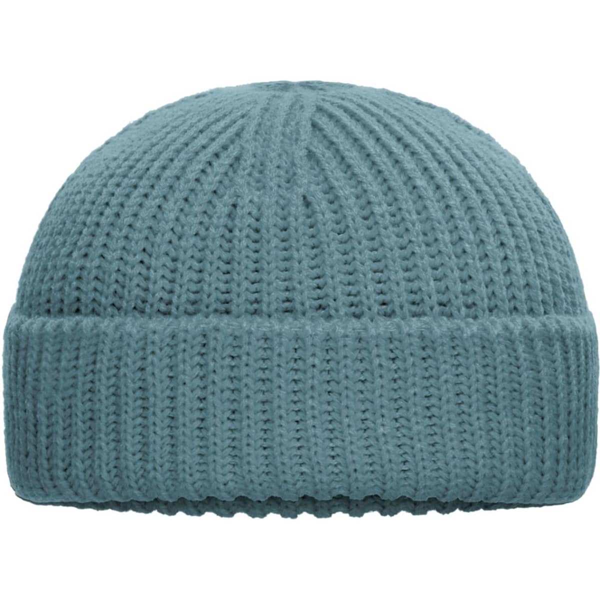 A blue knitted fisherman beanie with a textured ribbed design and a folded cuff.
