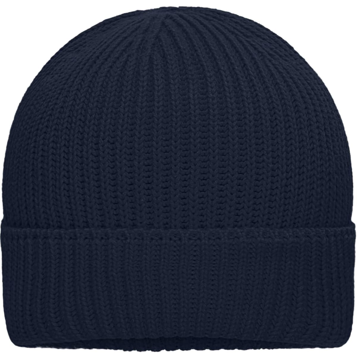A navy blue knitted winter beanie with a ribbed texture and a folded cuff. Features a logo on the side.