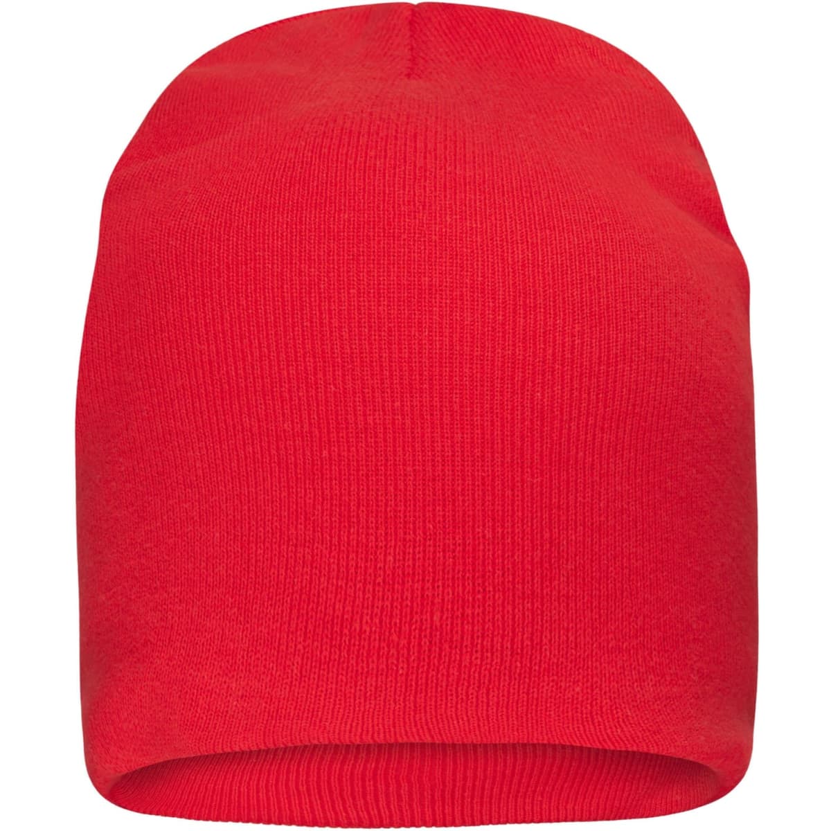 A red casual beanie made from bio cotton, featuring a logo on the side.
