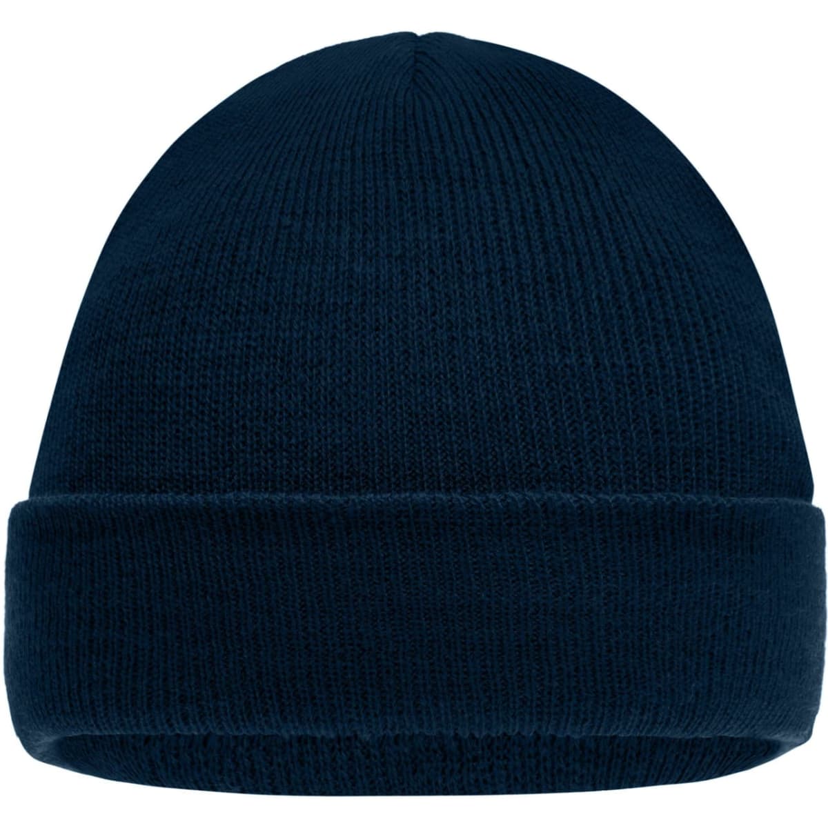 A knitted beanie in dark navy blue with a folded cuff. It features a logo on the side.