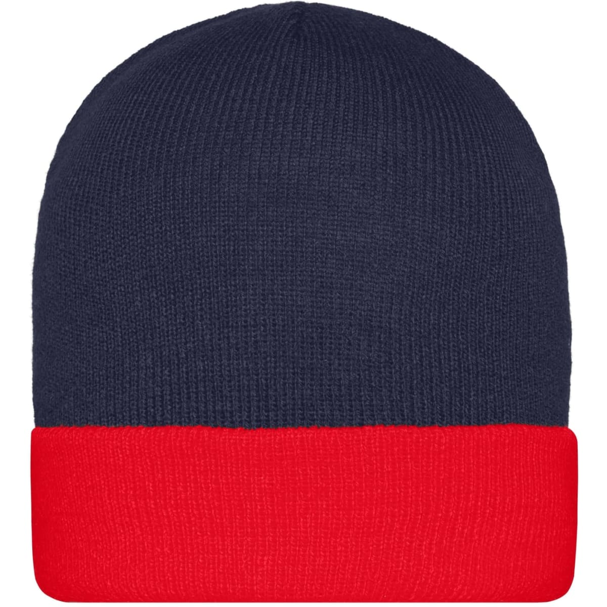 A knitted beanie featuring a navy blue top and a red cuff, with a logo on the side.