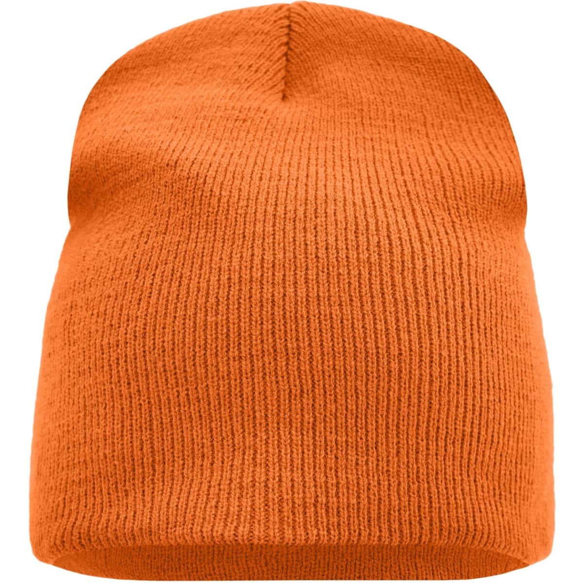 An orange knitted beanie with a simple, ribbed design and a slight slouch at the top.