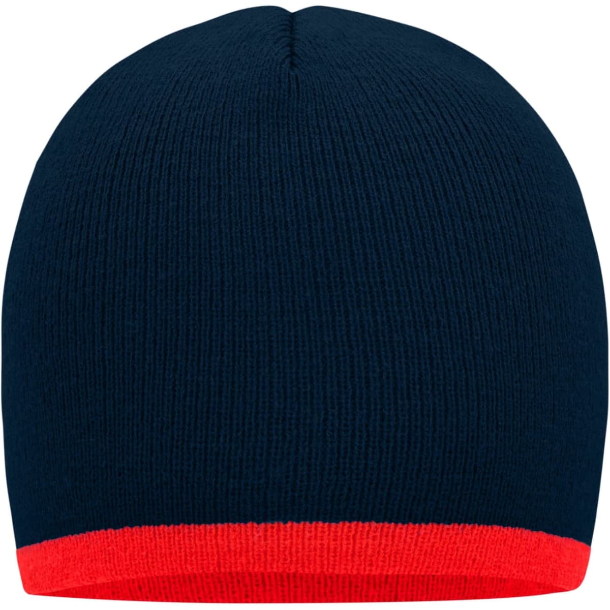 A navy beanie with a contrast red edge, featuring a simple, ribbed texture and no visible branding.