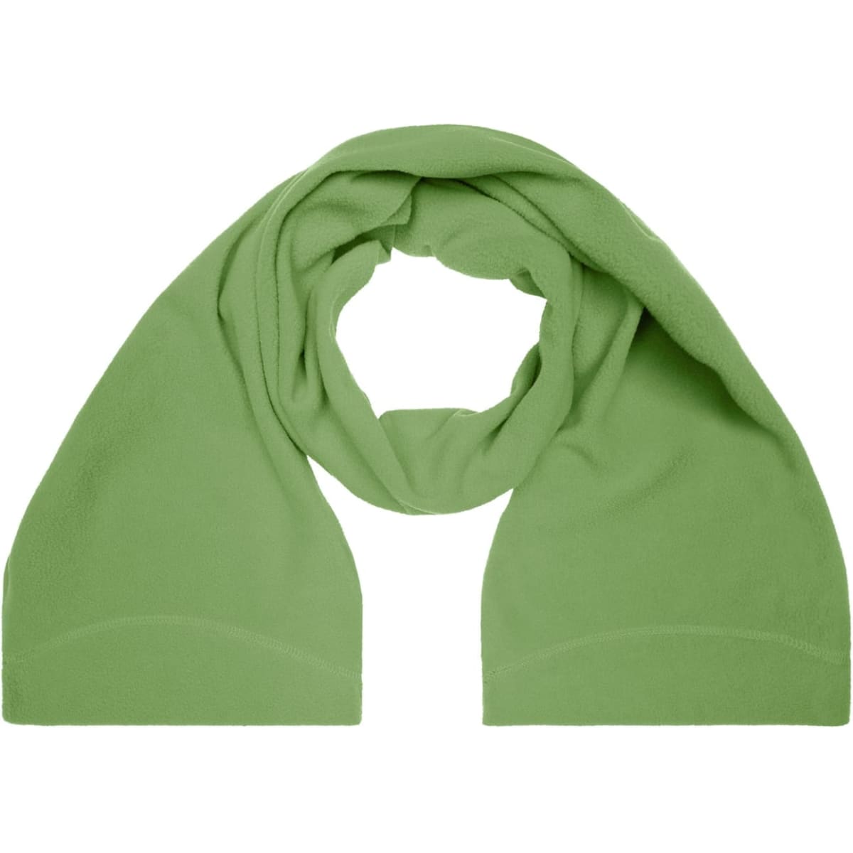 A green microfleece scarf draped elegantly, featuring a soft texture and an unbranded design.