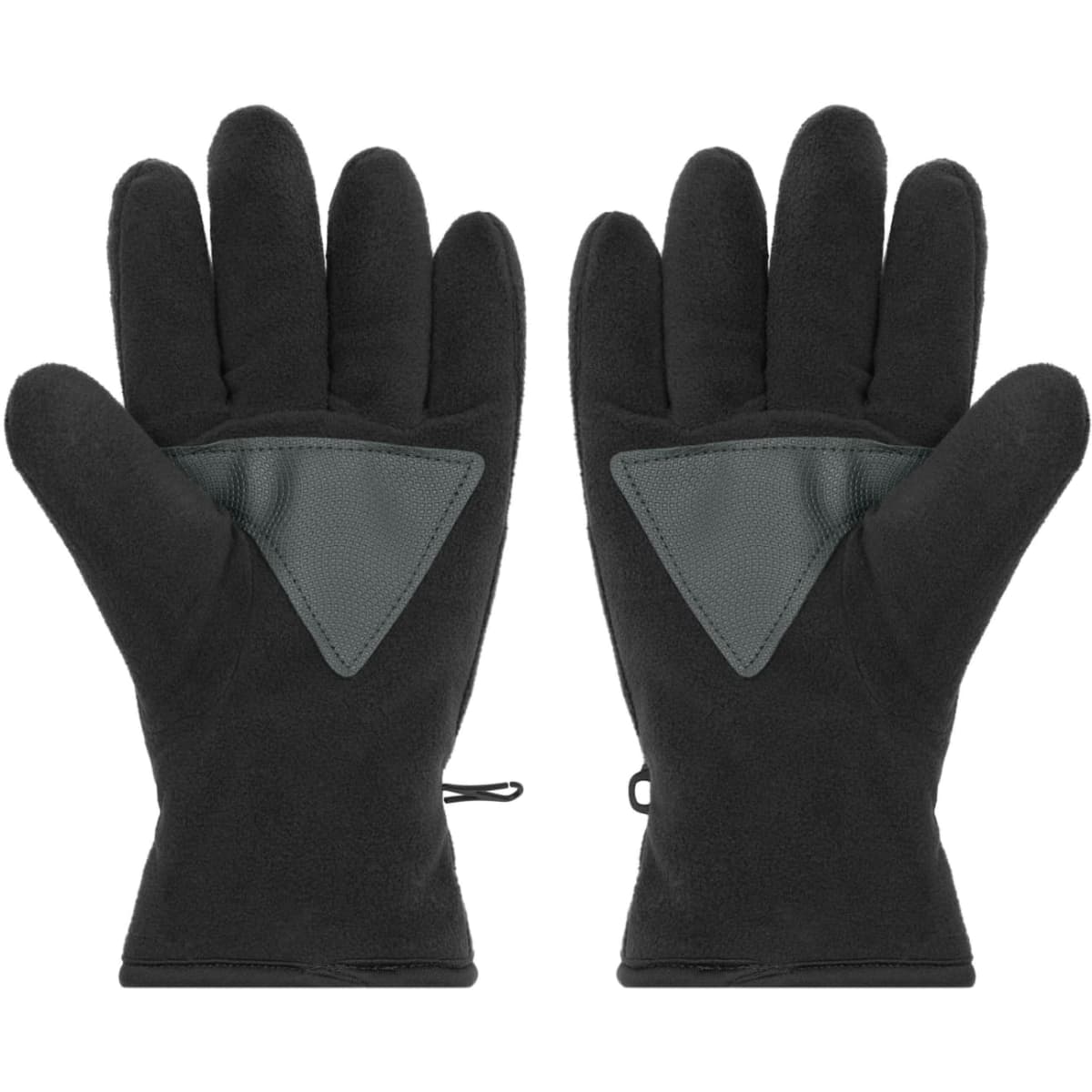 A pair of black Thinsulate™ fleece gloves with a triangular grey patch on the palms and elastic cuffs.