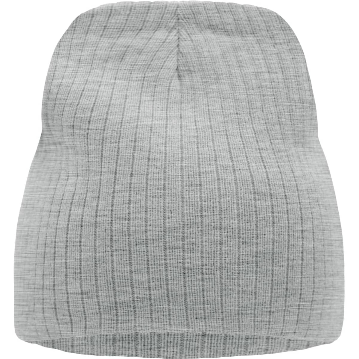 A ribbed beanie in light grey with a simple, textured design. It features a logo on one side.