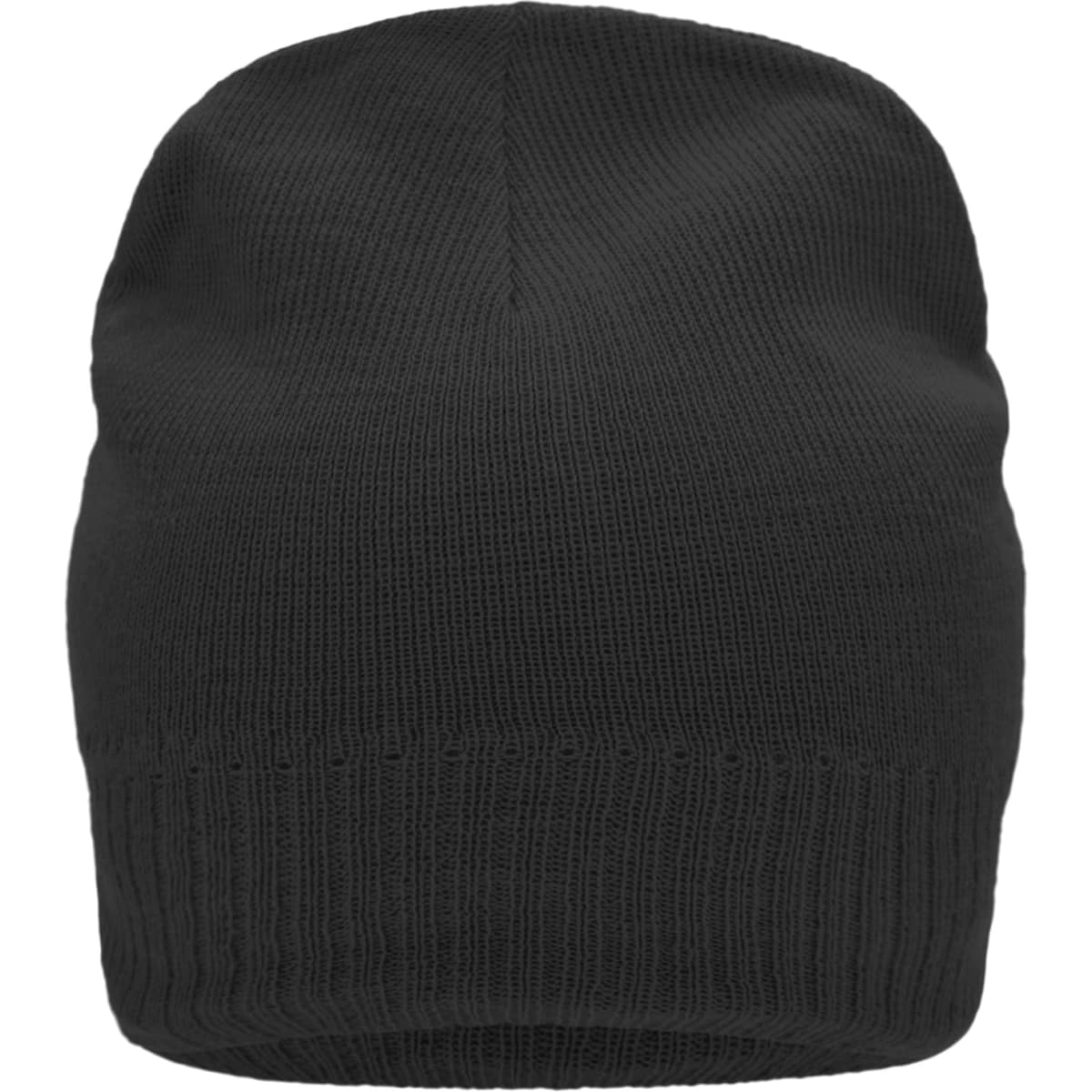 A black knitted beanie featuring a fleece inset and a ribbed hem, with a logo.
