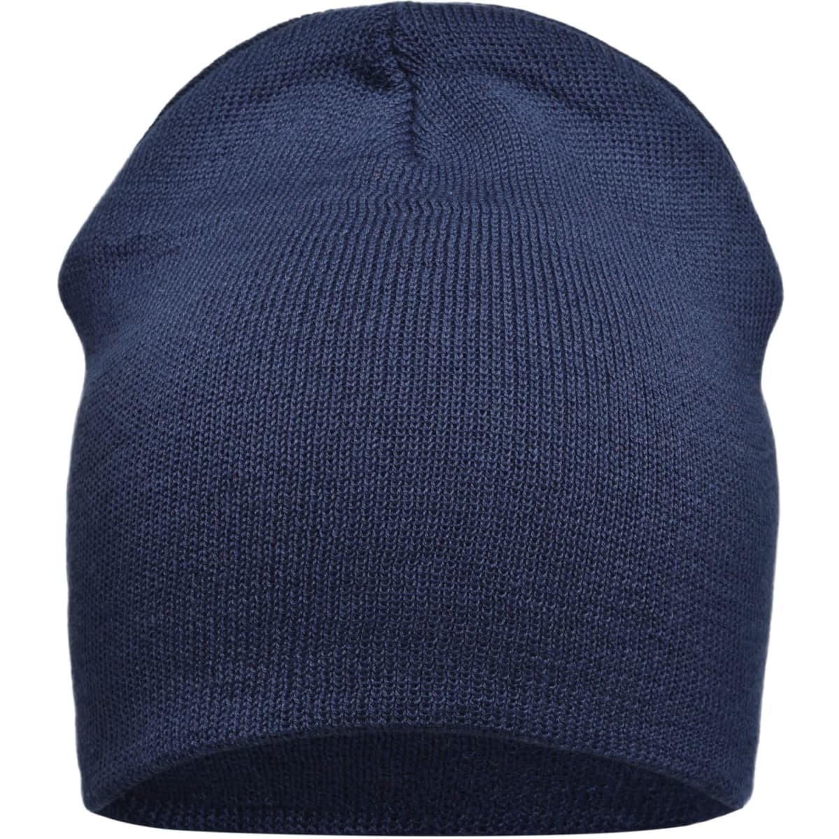 A cotton beanie in navy blue with a simple design and logo.