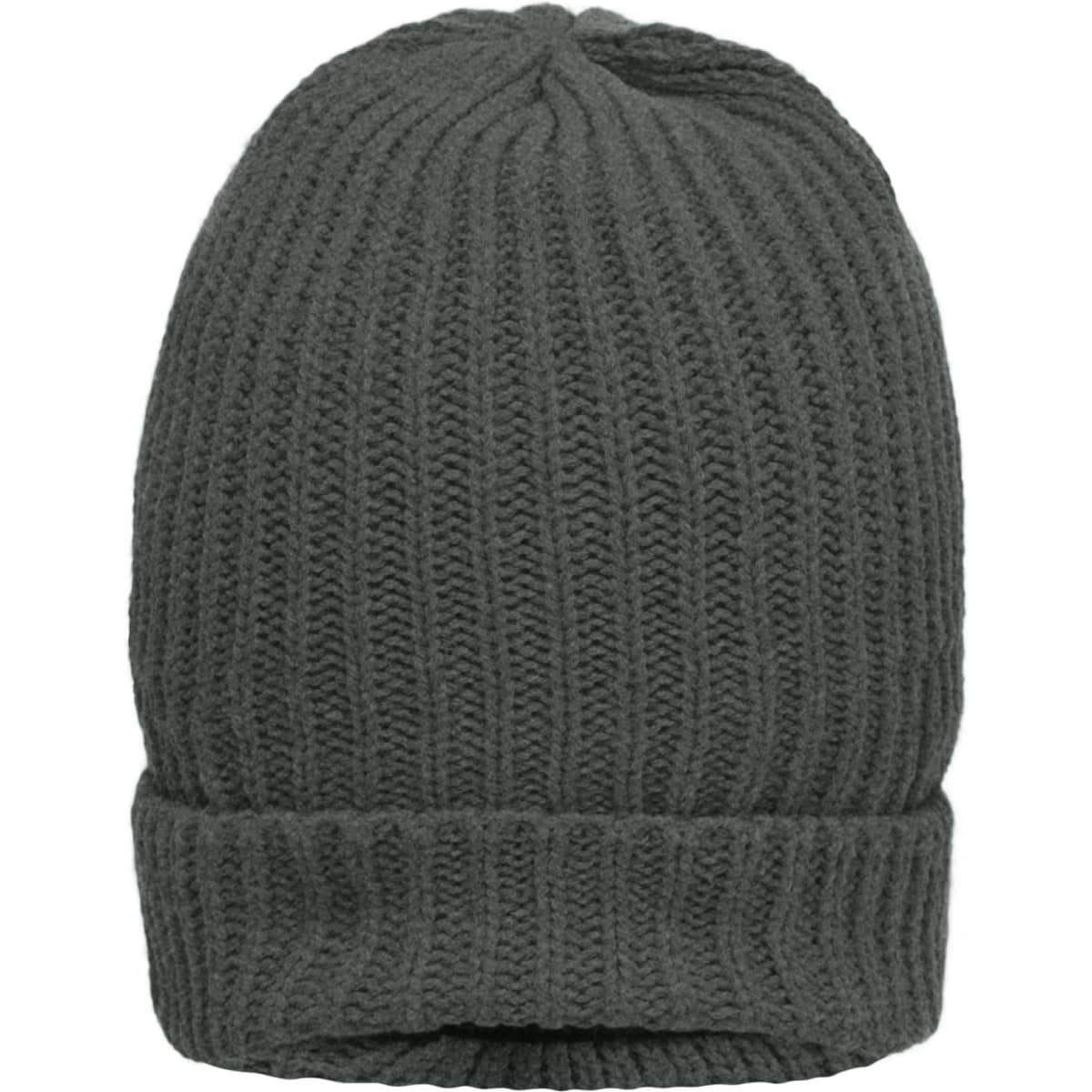 A warm knitted beanie in dark grey with a ribbed texture, featuring a folded cuff and simple design.