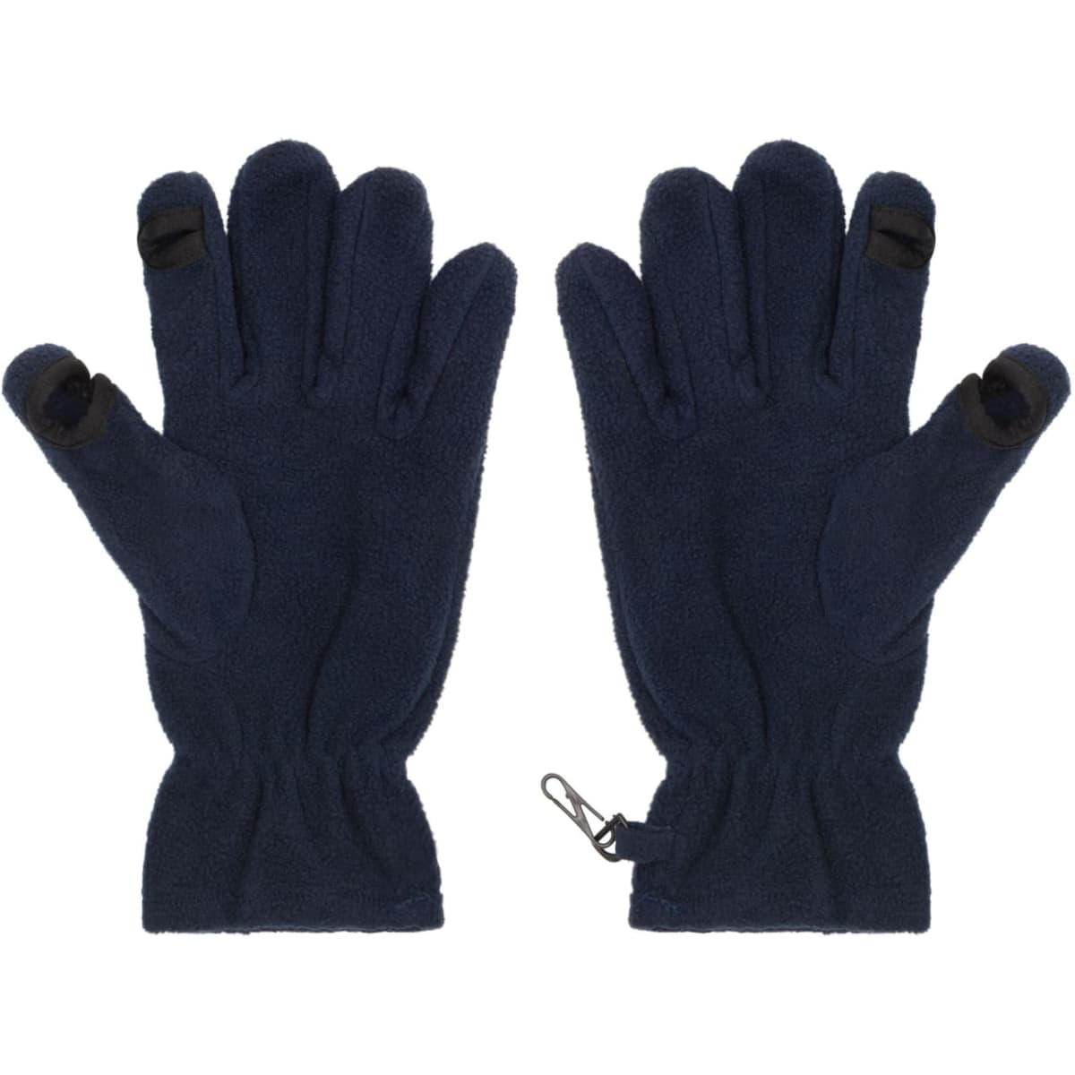 Navy fleece gloves featuring touch-screen compatibility and a secure wrist clip. The gloves have a smooth texture and five-finger design.