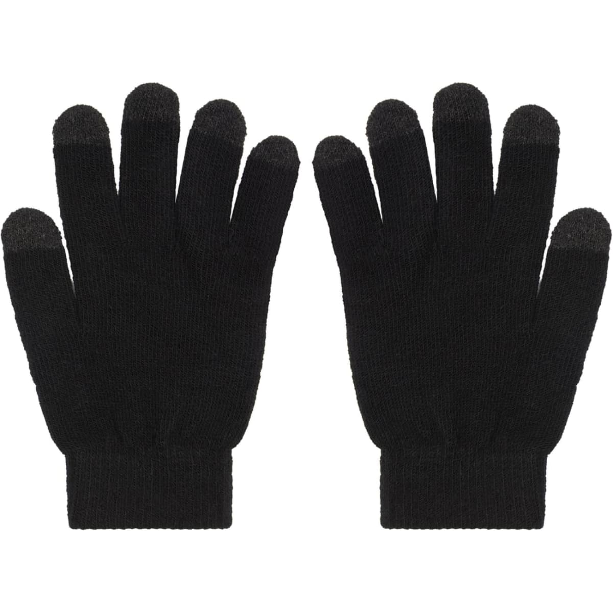 A pair of black knitted gloves with touch-screen compatible fingertips, featuring a plain design and a snug fit.
