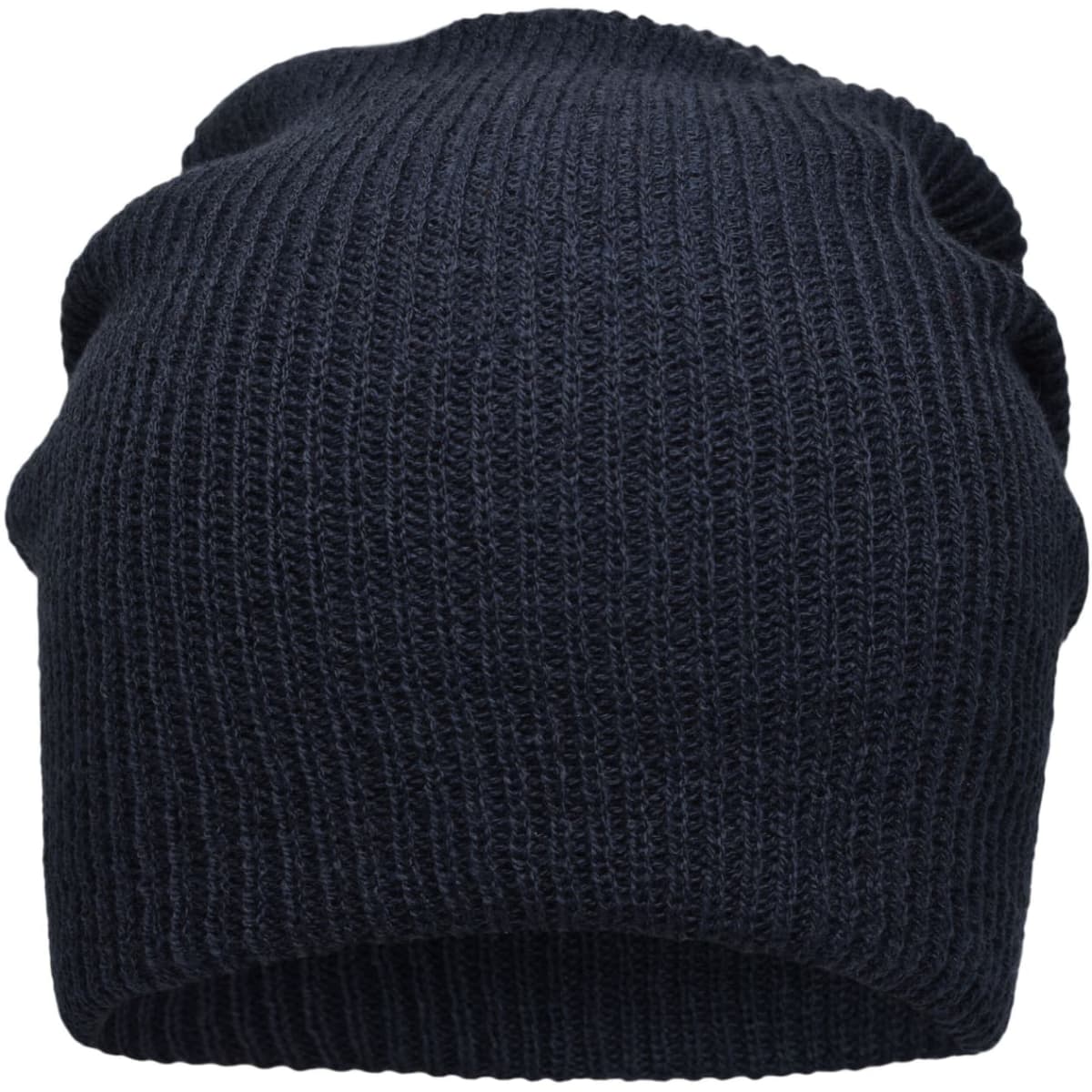 A dark navy knitted long beanie with a ribbed texture and a relaxed fit.