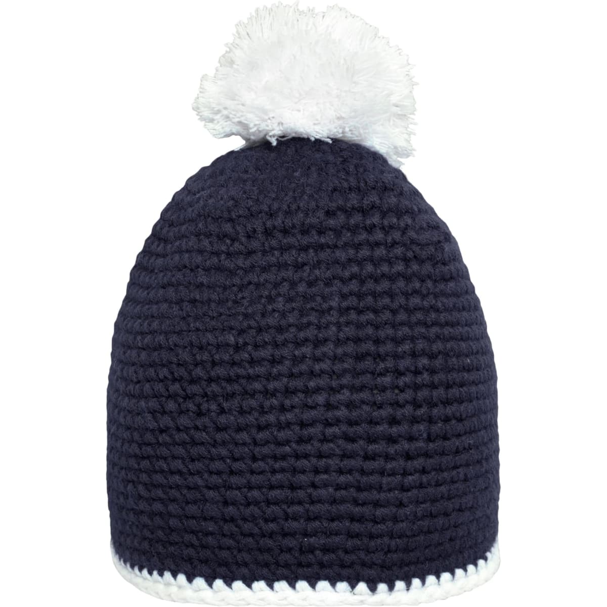 A navy blue beanie with a white pom-pom on top and a white contrast stripe at the base, featuring a logo.