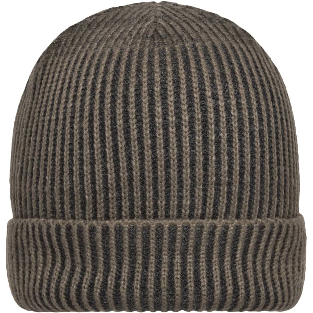 A ribbed beanie in a dark brown colour with a textured design. It features a branding logo.