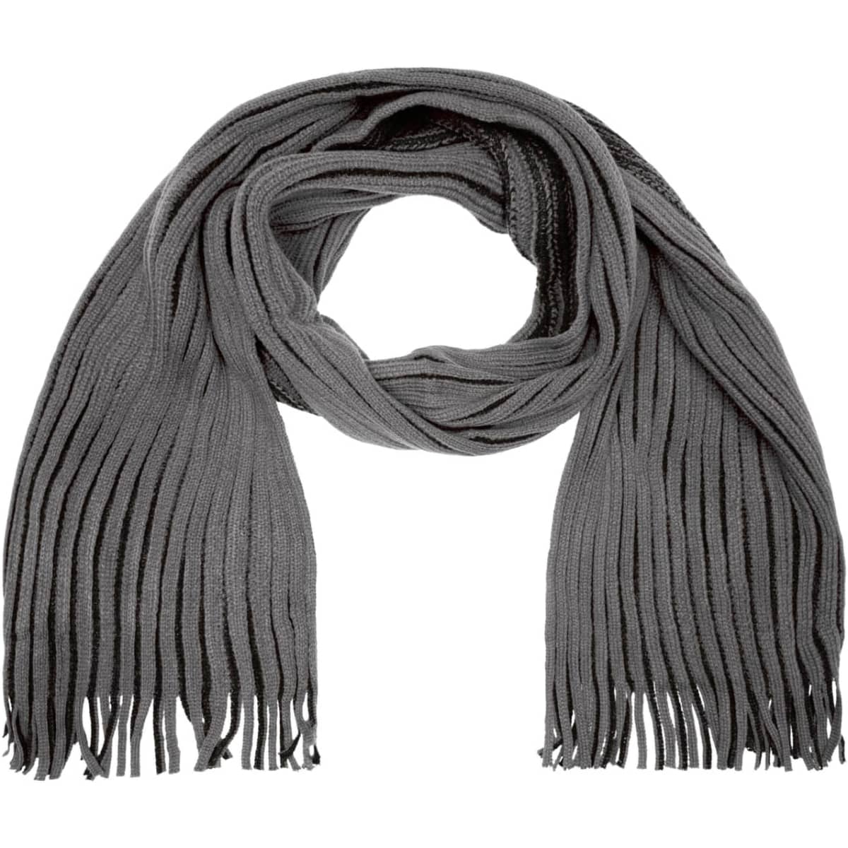 A ribbed grey scarf with fringed ends, featuring a textured design and a logo.