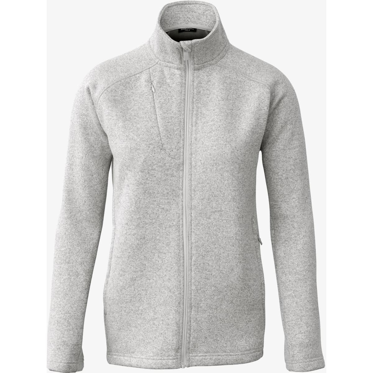 A grey polar fleece jacket with a full zip and a high collar. It has a simple design and features a logo.