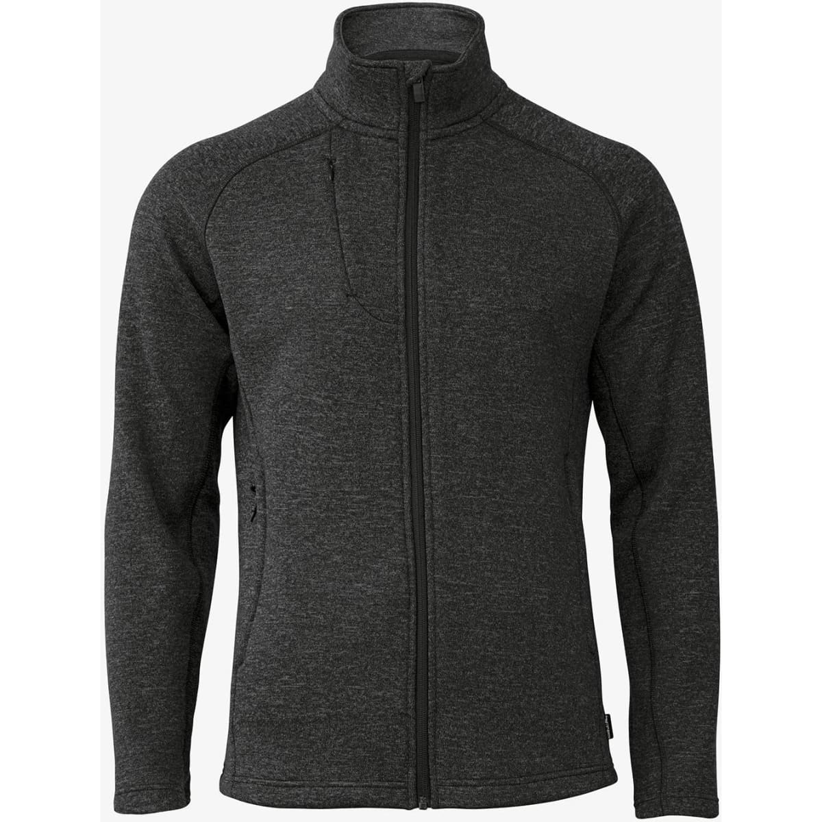 A polar fleece jacket in dark grey with a zip front and high collar. It features side pockets and a logo.