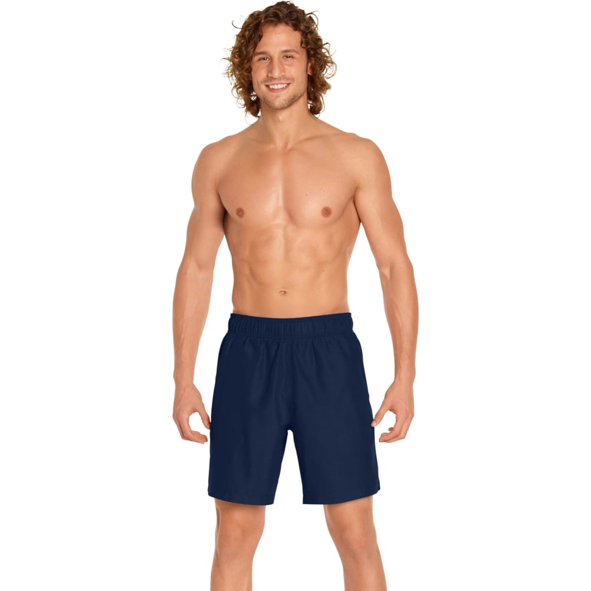 Men's navy swim trunks featuring an elastic waistband and a logo, designed for sun protection with UPF 50+.