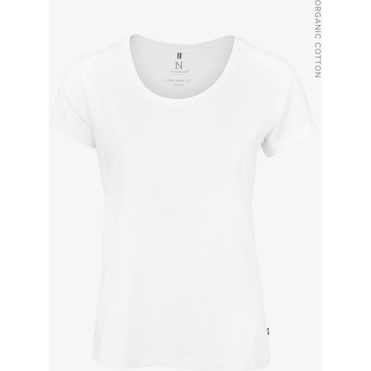 A white women's T-shirt made from organic cotton, featuring a round neckline and short sleeves. It has a logo.