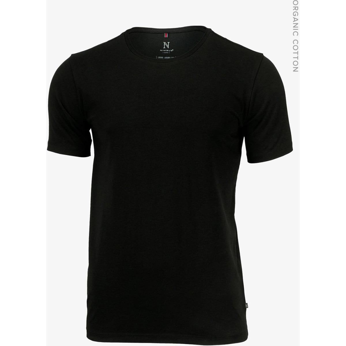 A black men's T-shirt in a classic crew neck design, made from organic cotton, with a logo on the label.