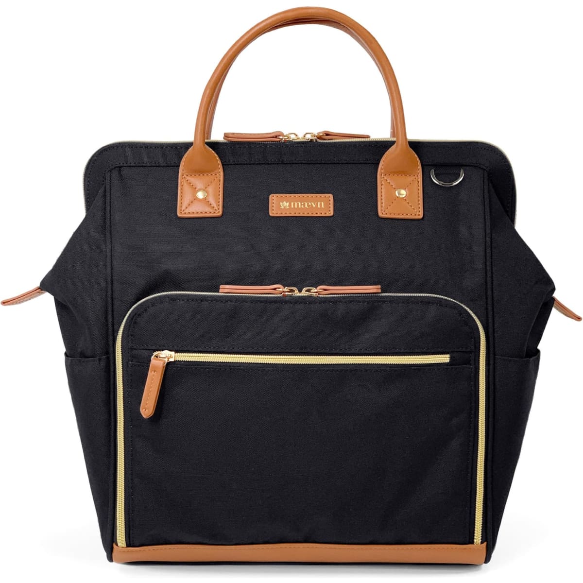 A black clinical backpack with tan accents, featuring multiple compartments and a logo on the front.