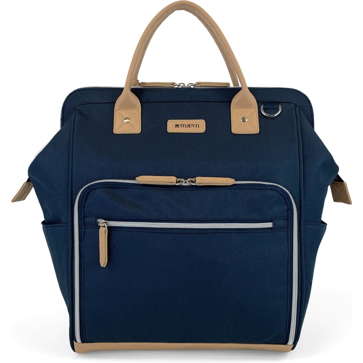 A navy blue clinical backpack with tan accents, featuring multiple zippered compartments and a sleek design.