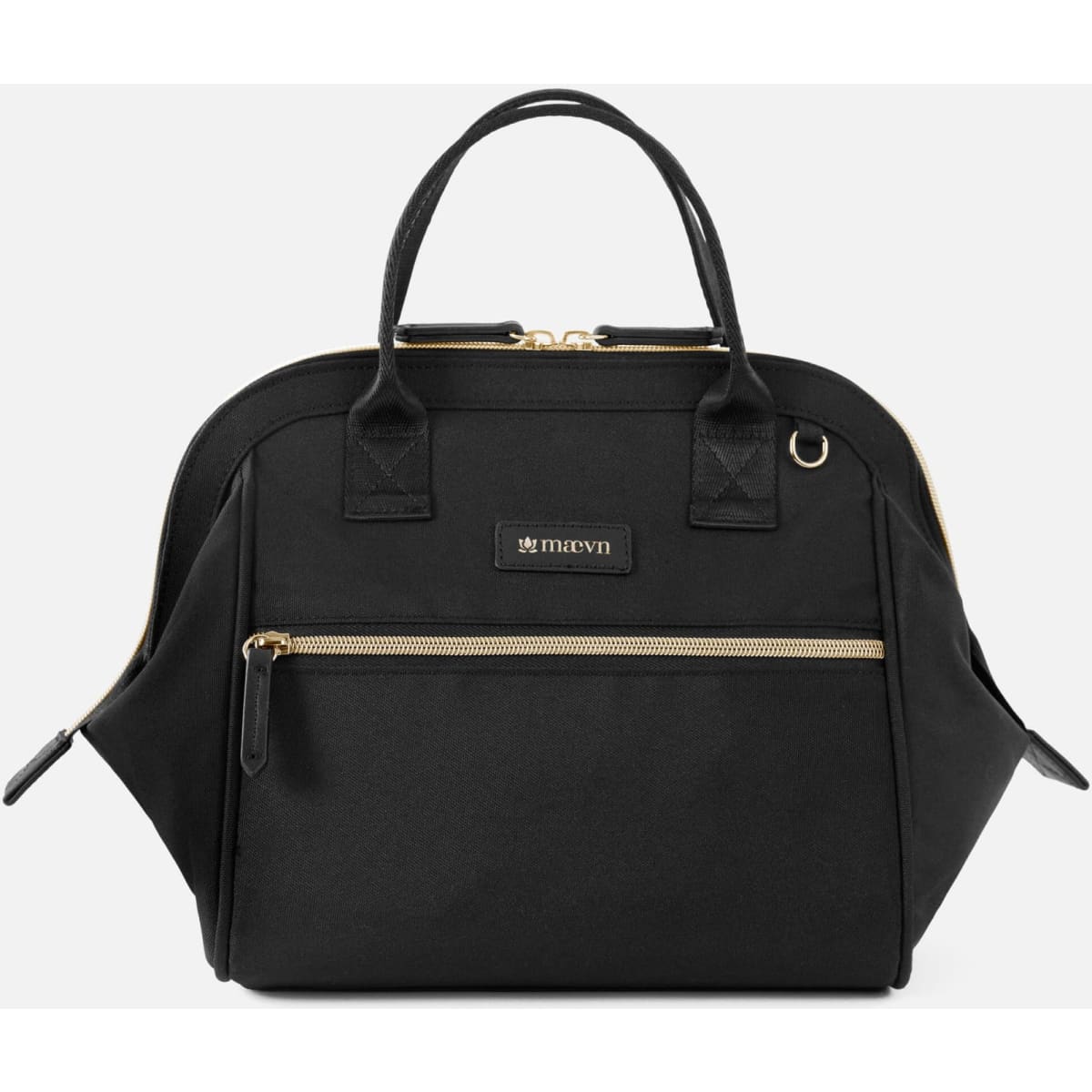 A black insulated lunch bag with zipper closure, dual handles, and a front pocket, featuring a logo.