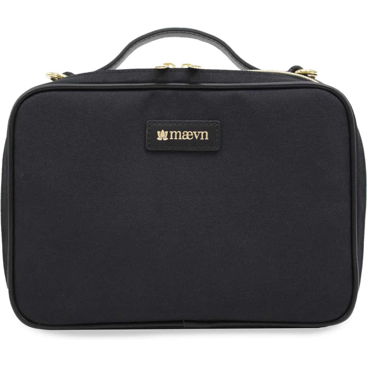 A black clinical clutch bag with a top handle and a logo on the front.