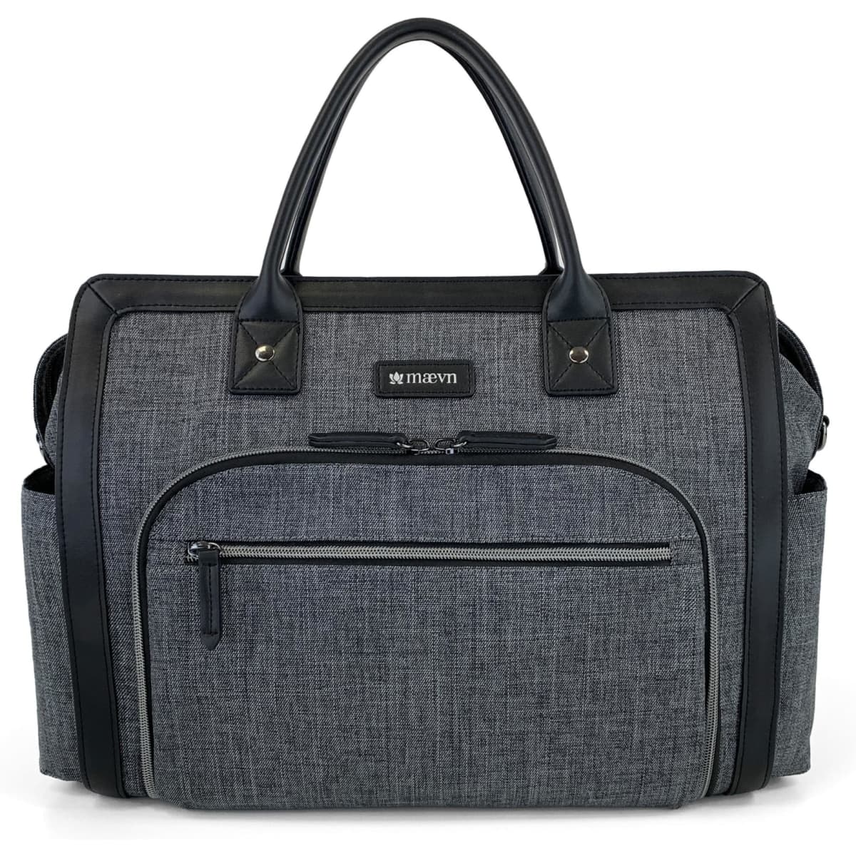 A grey fabric satchel with black faux leather handles and zippers, featuring a front pocket and a logo.